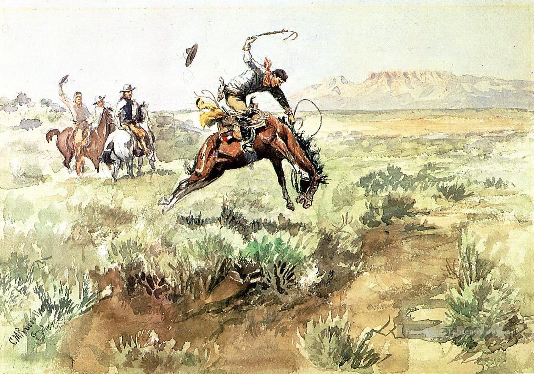 bronco busting 1895 Charles Marion Russell Indiana cow boy Peintures à l'huile